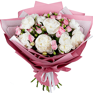 Peony white - 12, Bright pink spray rose mix, 50 cm - 7, Wrapping Paper