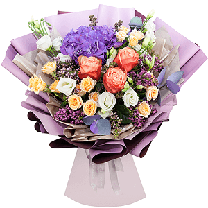 Blue/purple hydrangea - 1, Peony rose Kahala 50 cm - 5, Spray rose: white, cream, light pink 50 cm - 5, Lilac Bush - 4, lisianthus - 4, Eucalyptus Cinerea, Wrapping Paper