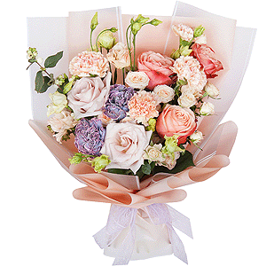 Peony rose Kahala 50 cm - 4, Rose Powder 50 cm Ecuador (Quicksand, Menta) - 5, lisianthus - 4, Spray rose: white, cream, light pink 50 cm - 4, Lilac carnation - 4, Carnation white, cream - 4, Symphoricarpos, Wrapping Paper