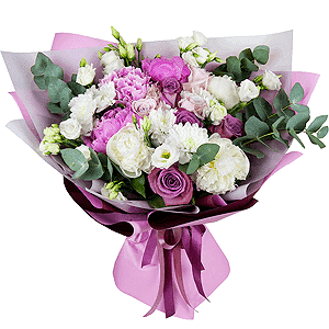 Peony pink - 6, Pink rose 50 cm - 10, Peony white - 5, lisianthus - 3, Baltica White Spray Chrysanthemum - 3, Eucalyptus Cinerea, Wrapping Paper, Eucalyptus Cinerea