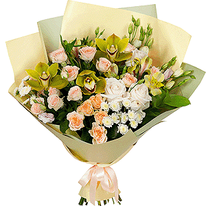 White rose 50 cm - 7, Green Cymbidium Orchid Bud - 5, Pink Lisianthus (Eustoma) - 5, Alstromeria Yellow, Orange - 4, Spray rose: white, cream, light pink 50 cm - 6, Athos poms Stallion - 4, Flask for orchids, Ruscus, Wrapping Paper