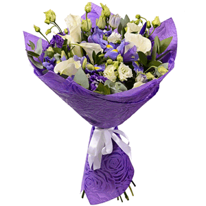 Calla lilies - 8, Irises - 9, lisianthus - 7, Ruscus, Eucalyptus Cinerea, Felt, Ribbon