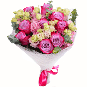 Deep Purple rose - 15, Pink Lisianthus (Eustoma) - 8, Eucalyptus baby blue (1 pc.), Jute 1 meter, Ribbon
