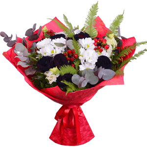 Arrangement of black roses and white chrysantemums with delivery Novokuznetsk