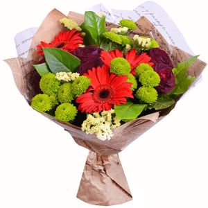 Arrangement of black roses and red gerberas with delivery Novokuznetsk