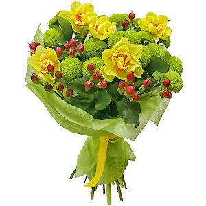 Narcissus - 7, Athos pom Feeling Green - 4, Hypericum, Salal, Felt, Ribbon