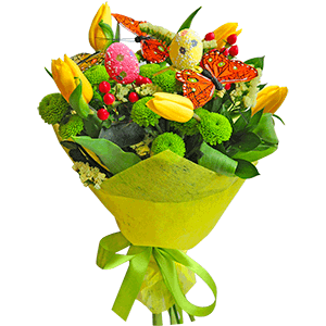 Yellow tulip - 7, Athos pom Feeling Green - 4, Hypericum, Yellow Statice, Butterfly (decor.), 1 pc., Ruscus, Decorative element small, Felt, Ribbon
