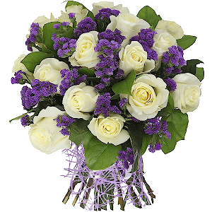 Роза белая 50 см - 27, Статица синяя, Салал, Сетка (Абака), Лента