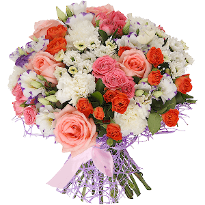 Pink rose 50 cm - 7, Spray rose: yellow, orange 50 cm - 4, Carnation white, cream - 7, Purple Lisianthus (Eustoma) - 5, Santini White Spray Chrysanthemum - 3, Bright pink spray rose mix, 50 cm - 4, Ruscus, Mesh (Abaka), Ribbon