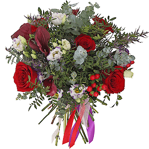Red rose 50 cm - 7, Burgundy Calla Lily - 7, lisianthus - 5, Hypericum, Limonium (1 pc.), Pistachio, Eucalyptus baby blue (1 pc.), Ribbon