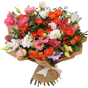 Spray rose: yellow, orange 50 cm - 7, Pink Lisianthus (Eustoma) - 6, Purple Lisianthus (Eustoma) - 5, Hypericum, Pistachio, Wrapping Paper