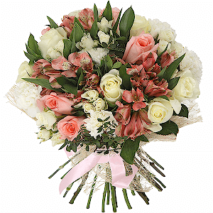 White rose 50 cm - 8, Pink rose 50 cm - 7, Spray rose: white, cream, light pink 50 cm - 8, Alstromeria white, soft pink - 7, Carnation white, cream - 7, Ruscus, Pistachio, Felt, Ribbon