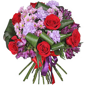 Red rose 50 cm - 11, Alstromeria lilac, purple - 6, Daisy poms Santini pink, purple - 4, Lilac carnation - 7, Aspidistra (1 pc.), Ribbon