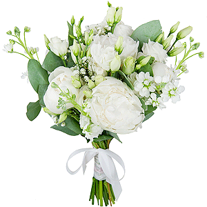 Peony white - 5, lisianthus - 5, White Matthiola - 5, Gypsophila - 3, Eucalyptus Cinerea, Ribbon