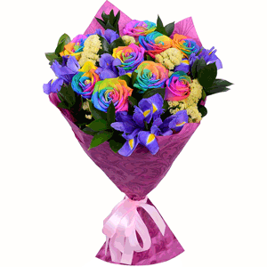 Rainbow rose - 13, Irises - 8, Ruscus, Yellow Statice, Wrapping Paper