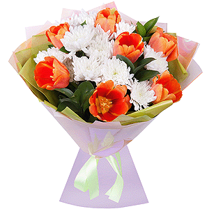 Baltica White Spray Chrysanthemum - 4, Orange tulip - 9, Ruscus, Wrapping Paper, Ribbon