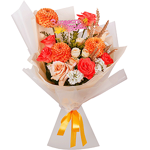 Orange Dahlia - 3, Pink rose 50 cm - 6, White Matthiola - 4, Rose Cream 50 cm - 4, Spray rose: white, cream, light pink 50 cm - 1, Solidago (1 pc.), Dried flowers in assortment, Wrapping Paper, Topper (for flowers)