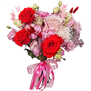 Red rose Nina 50 cm - 4, Pink rose 50 cm - 5, Rose Powder 50 cm Ecuador (Quicksand, Menta) - 3, Carnation white, cream - 5, Bright pink spray rose mix, 50 cm - 1, Peony sprayrose - 2, Pink Lisianthus (Eustoma) - 2, Ozotamnus, Dried flowers in assortment, Ribbon