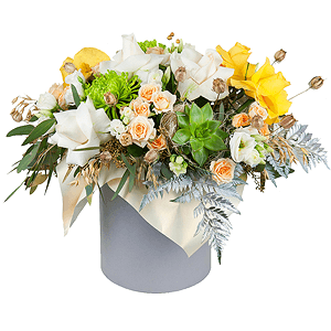 Yellow rose 50 cm - 4, Spray rose: white, cream, light pink 50 cm - 6, lisianthus - 4, Yellow chrysanthemum  single-headed Anastasia - 3, White rose 50 cm - 4, Round flower box medium, Oasis, Fern (1 pc.), Eucalyptus populus (1 pc.), Wrapping Paper, Dried flowers decor, Echeveria small