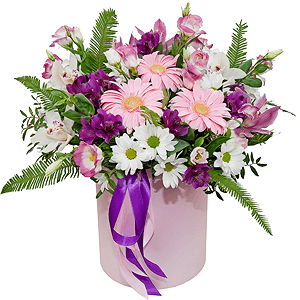 Gerbera pink - 4, White Cymbidium Orchid Bud - 7, Purple Lisianthus (Eustoma) - 5, Alstromeria lilac, purple - 4, Bacardi White Spray Chrysanthemum - 4, Round flower box medium, Oasis, Film, Ambrella, Flask for orchids, Pistachio, Ribbon