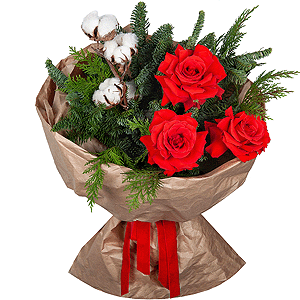 Rose Red 50 cm Ecuador - 7, Spruce branches (1pc.), Thuja, Cotton branch, Wrapping Paper