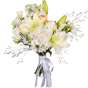Lilies - 1, Peony style roses - 7, Peony white - 1, lisianthus - 5, White Matthiola - 3, Ribbon, Panicum