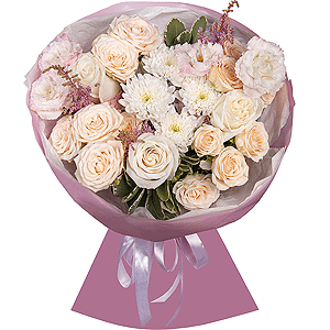 Peony sprayrose - 5, Pink Lisianthus (Eustoma) - 2, Baltica White Spray Chrysanthemum - 1, White rose 50 cm Ecuador - 5, Astilbe, Salal, Wrapping Paper
