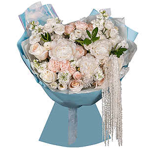 Peony white - 3, Peony style roses - 3, White rose 50 cm Ecuador - 5, White Matthiola - 11, Peony sprayrose - 3, Baltica White Spray Chrysanthemum - 4, lisianthus - 3, Pittosporum, Decorative element small, Wrapping Paper, Amaranth stabilized