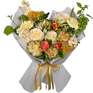 Rose Veggie 50 cm - 5, Rose Yellow 50 cm Ecuador (Mohana, Latina, Brighton) - 3, Yellow carnation - 4, White Matthiola - 3, Alstromeria white, soft pink - 4, Pink carnation - 5, Veronica spray, Moluccella, Pittosporum,  Raspberry branch, Wrapping Paper