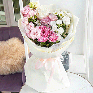 Spray peony rose Misty Bubbles, 50 cm - 1, Santini White Spray Chrysanthemum - 1, Pink Lisianthus (Eustoma) - 2, White spray carnation - 5, White rose 50 cm Ecuador - 3, Limonium (1 pc.), Hypericum, Wrapping Paper