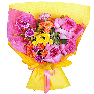 Athos poms Stallion - 2, Spray rose: yellow, orange 50 cm - 3, Pink carnation - 2, Pink spray carnation - 3, Rose Pink 50 cm Ecuador (Chelo, Hermosa, Novia, Titanik, Engagement, Pink Mondiale) - 3, Sedum, Dried flowers decor, Wrapping Paper