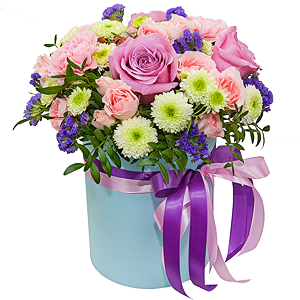 Deep Purple rose - 5, Santini White Spray Chrysanthemum - 5, Pink carnation - 5, Bright pink spray rose mix, 50 cm - 8, Round flower box small , Oasis, Pistachio, Film, Blue Statice, Ribbon