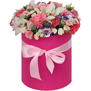 White Cymbidium Orchid Bud - 5, Pink carnation - 7, Bright pink spray rose mix, 50 cm - 9, Pink Lisianthus (Eustoma) - 3, Athos poms Stallion - 4, Purple Lisianthus (Eustoma) - 4, Eucalyptus baby blue (1 pc.), Ribbon, Round flower box medium, Oasis