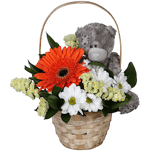 Bacardi White Spray Chrysanthemum - 2, Gerbera daisies - 5, Yellow Statice, Ruscus, Teddy bear 20 cm, Small Basket, Oasis
