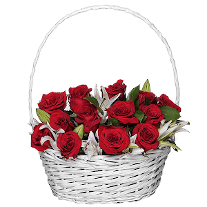 Red rose 50 cm - 23, Lilies - 5, Oasis, Ruscus, Medium Basket
