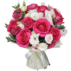 lisianthus - 15, Rose Fuchsia 50 cm Ecuador (Pink Floyd, Topaz, Cherry Lady, Gotcha) - 15, Felt, Ribbon