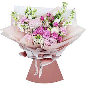 Peony rose pink 'OHara' - 3, White rose 50 cm - 4, lisianthus - 4, White Matthiola - 3, Pink carnation - 6, Bright pink spray rose mix, 50 cm - 5, Ozotamnus, Wrapping Paper