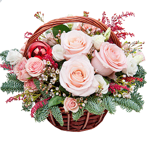 Pink rose 50 cm - 3, Bright pink spray rose mix, 50 cm - 3, lisianthus - 3, Carnation white, cream - 2, Small Basket, Spruce branches (1pc.), Oasis, Solidago (1 pc.), Waxflower (1 pc.), Christmas decor (set)