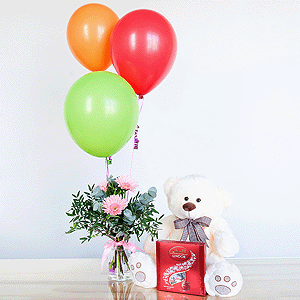 Gift set "Gerberas, teddy bear, sweets and balloons" with delivery Novokuznetsk