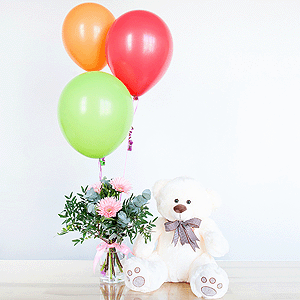 Gift set "Gerberas, teddy bear and balloons" with delivery Novokuznetsk