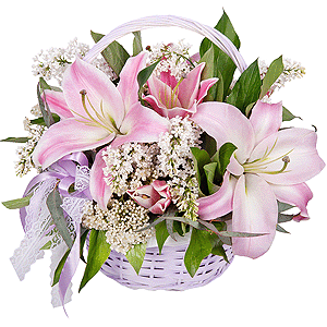 Pink lily - 1, White Lilac - 4, Medium Basket, Oasis, Ribbon