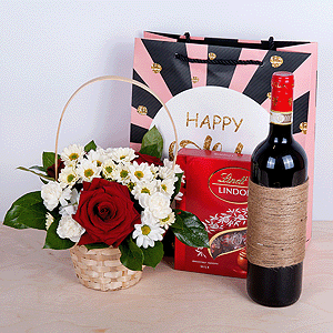 Red rose 50 cm - 5, Santini White Spray Chrysanthemum - 2, White spray carnation - 2, Small Basket, Oasis, Lindt Candy Box, Non-alcoholic champagne or wine, Present bag