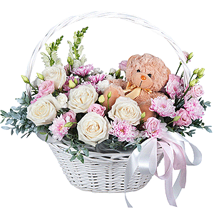 White Matthiola - 2, White rose 50 cm - 9, Baltica Pink Spray Chrysanthemum - 3, White spray carnation - 4, Pink Lisianthus (Eustoma) - 3, Medium Basket, Oasis, Pistachio, Teddy bear 20 cm, Ribbon