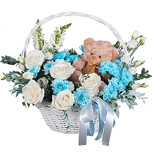 White Matthiola - 2, White rose 50 cm - 7, Chrysanthemum spray Baltica painted blue - 3, White spray carnation - 3, lisianthus - 2, Medium Basket, Oasis, Pistachio, Teddy bear 20 cm, Ribbon