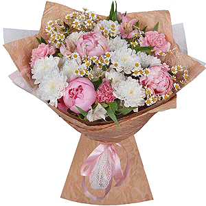 Peony pink - 3, Baltica White Spray Chrysanthemum - 5, Chamomile - 3, Alstromeria white, soft pink - 6, Pink carnation - 7, Wrapping Paper