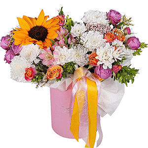 Sunflower - 1, Alstromeria white, soft pink - 5, Bright pink spray rose mix, 50 cm - 2, Baltica White Spray Chrysanthemum - 2, Spray rose: yellow, orange 50 cm - 3, Round flower box small , Oasis, Ozotamnus, Pistachio, Limonium (1 pc.), Wrapping Paper