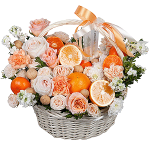 Cream Rose 50 cm Ecuador (Creme Caramel) - 3, Peony style roses - 3, Orange carnation - 8, White Matthiola - 5, Baltica White Spray Chrysanthemum - 2, Peony sprayrose - 3, Carnation white, cream - 9, Large Basket, Oasis, Pistachio, Orange, Tangerine, 1 pc., Walnut (10 pieces), Wooden skewer, Ribbon, Walnut (10 pieces)
