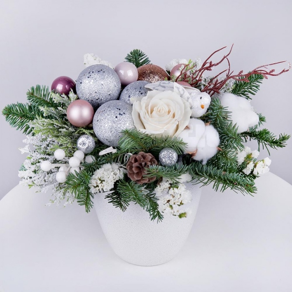 White rose 50 cm - 2, Ceramic pot, Oasis, Spruce branches (1pc.), White statice, Cotton bud, Christmas decor (set)