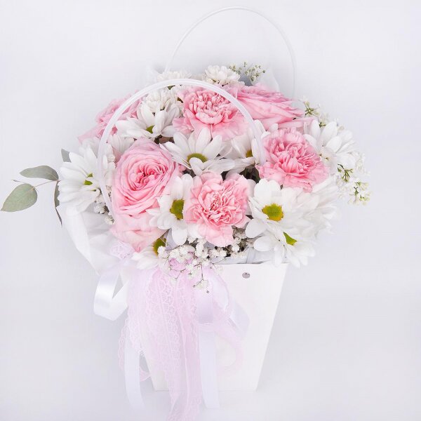 Peony style roses - 3, Pink carnation - 7, Bacardi Yellow Spray Chrysanthemum - 5, Gypsophila - 1, Flower bag, Eucalyptus Cinerea, Oasis, Ribbon