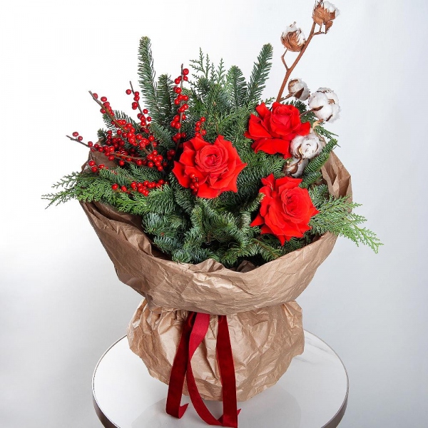 Rose Red 50 cm Ecuador - 7, Spruce branches (1pc.), Thuja, Cotton branch, Ilex, Wrapping Paper